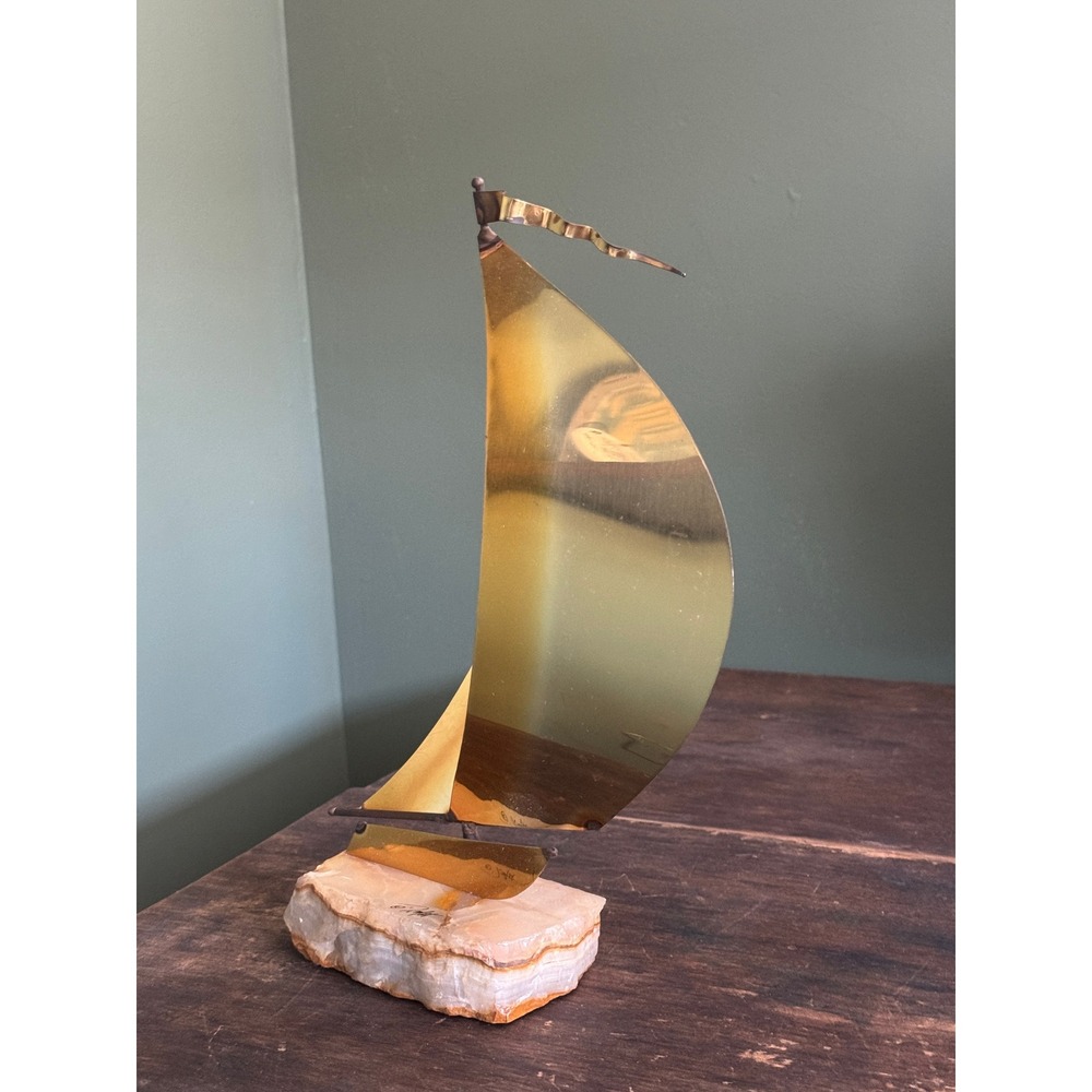 Vintage Signed DeMott  Brass Sailboat Sculpture on Stone Base Nautical Decor